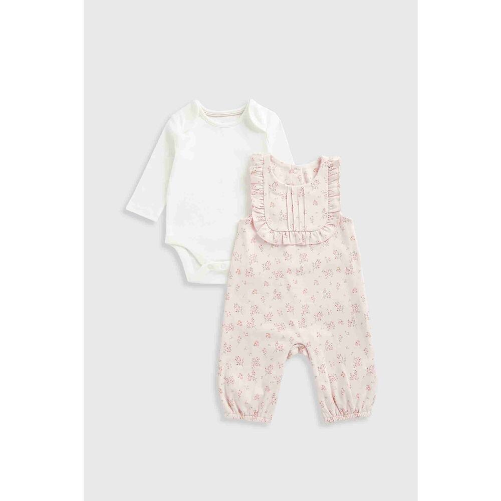 MotherCare Pink Bunny Floral 2-Piece Bodysuit Dungaree Outfit Baby Girls 1 Month